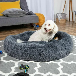 Round Plush Calming Dog Bed Donut-Style Anti-Anxiety Faux Fur Self-Warming